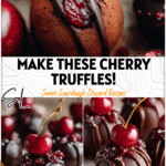 Close-up of glossy Chocolate Cherry Sourdough Truffles topped with candied cherries and cherry mash swirl.